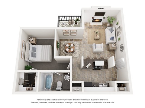 Floor plan for 1 bed, 1 bath, 653 sqft